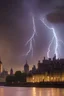 Placeholder: London, far shot of tower of london being hit by lightning, no people, view from bridge