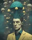 Placeholder: a man's head that has a brain in it, in the style of surreal cyberpunk iconography, dark teal and light yellow, surrealistic horror painter, mushroomcore, intricate underwater worlds, detailed character design, uhd image