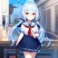 Placeholder: Clear focus, High resolution, long fluffy light blue hair, hair between eyes, long locks, wearing a sailor uniform, wearing a sailor skirt, long black socks, 1girl, cartoon, cute, UNFOTABLE studio, red tie, walking, outside setting