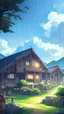 Placeholder: heaven, green, wooden house, cloud, green hill, sky, blue, big mountain, rain droplet, shine
