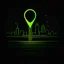 Placeholder: Outline logo of a #location pin, #neon green lines, glowing, flat design, #night sky background color