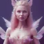 Placeholder: a pink castle, a cheerful fairy in front, big smile, pink, blonde hair, beautiful, whole face, whole top hair head, wide open blue eyes, transparent wings onn the back, hyperrealism, masterpiece, expert, cinematic lighting, sharp focus, 8K, pastel, macro lens, woman, detailed, flower