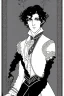 Placeholder: Black haired blue eyed freckled young male warlock in the style of aubrey beardsley