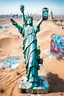 Placeholder: up-close digital image of the statue of liberty, covered in graffiti , holding a cellphone and taking a selfie while smiling,a Louis Vuitton bag over shoulder, standing alone In a deserted desert