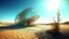 Placeholder: A digital illustration showcasing a futuristic desert scene where a metallic structure resembling a tongue emerges from the sandy ground, reaching towards the crystal-clear sea in the distance. The juxtaposition of natural elements and man-made technology creates a sense of mystery and intrigue, with the bright sun reflecting off the metallic surface and casting shimmering patterns on the water