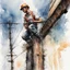 Placeholder: medium brush stroke Watercolor and ink illustration, Epic, long shot perspective of electrical worker doing line work on a telephone pole, art by Luis Royo and Renoir, trending on artstation, dynamic composition, graffiti art splash art, colorful polychromatic, ink leak, rough strokes, complex contrast, CGSociety, 3d shading