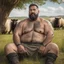 Placeholder: close up of a 48 year old marocan shepherd tattoed, sturdy, hairy muscular chubby, with short black beard and big nose, relaxes sitting leaning against a tree in the middle of a meadow full of grazing sheep, shirtless with ruined old shorts, strong and muscular hairy legs, bare feet, photorealistic bucolic scene, view from the bottom