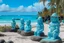 Placeholder: A light blue beach with Hawaiian tiki statues painted by Claude Monet