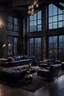 Placeholder: interior view of a modern luxury loft for a bachelor with huge windows with the city lights in the background. it is a night and the interior of the space is decorated masculinely with dark tones, navy blue leather wing back chairs, a fireplace, tall ceilings, industrial, cocktail on the table, elegant wealth