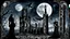 Placeholder: goth theme with victorian style woman, two raven, tower, ruin, moon, darkness, detalied materialas, old wall