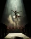 Placeholder: Ballet dancer mid-leap in abandoned theater, dust particles floating in spotlight, torn velvet seats in shadows, dramatic chiaroscuro lighting