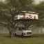 Placeholder: A recreational vehicle with solar panels and hanging from a tree