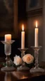 Placeholder: Claude monet painting style candles in the dark with rose a white feather pin