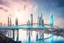 Placeholder: Dreamlike Skyline of Downtown futuristic hightech city in 4050 and a stunning futuristic Bridge During with dark clouds and storm, over the azur-silver color river, cold colors, come storm, high detalied, sci-fi, landscape