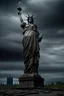 Placeholder: the statue of liberty, dress dirty and torn, her face solemn and terse, her head drooped low, shoulders slumped, trash littered at her feet, she holdsa crumpled american flag as she walks away, back to the viewer, under a dark and dreary sky
