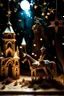 Placeholder: whimsical paper diorama collage, surreal, surrealism, a tiny wooden horse under an doric Greek temple and an Italian old church at night with beautiful stars, qajar art, twinkling lights, mediterranean architecture, beautiful night scene, dreamscape, Christmas mood