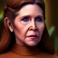 Placeholder: upper body photorealistic jedi carrie fisher in Star Wars, sharp brown eyes, photorealistic skin, dark brown jedi robe, cinematic lighting