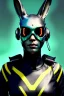 Placeholder: Medium Close Up Portrait, Front image. cyberpunk, rabbit mask, teenager, asian woman, cyber helmet head. Latex dress. Yellow, black, color. Mad max style. renaissance ornaments, Color background, photo studio. Front image, highly detailed, concept art, smooth, unreal engine 5, ray tracing, RTX, lumen lighting, ultra detail, volumetric lighting, 3d, finely drawn, high definition, high resolution.