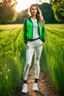 Placeholder: fullbody shot of young-beautiful-girl-with-a-perfect-face wearing sport pants and sport blouse and sport jacket and shoes standing in country side green field day lights