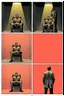 Placeholder: a page divided into 6 rectangular panels, each with different views of a man strapped to a chair and being interrogated by a man standing with a gas mask on, lower and higher perspectives, front and back, overhead light, suspenseful torture graphic novel, comic book