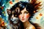 Placeholder: an irresistibly adorable image of a whimsical brunette woman creature with black hair and hazel eyes. Envision a charming being with fluffy, onyx-colored fur or hair that frames its endearing face. in the blowing wind Leonid Afremov