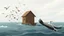 Placeholder: The image is a illustration of a small wooden house in the middle of a body of water. The house appears to be made of wood and has a sloping roof. It is surrounded by a flock of birds flying around it. The sky is cloudy and the water is choppy, with small waves crashing against the shore. On the right side of the image, there is a large bird with its wings spread wide, as if it is about to take flight. The bird is flying away from the house, with its head turned towards the viewer. The overall m