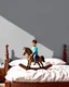 Placeholder: My Gemini prompt/Pixverse animation. Prompt: A square digital painting of a young boy sitting on a rocking horse in his bedroom, his translucent light grey shadow which is on the wall beside him depicting an outline of a boy galloping a real horse, the image depicts the dreams child have. Hyper-realistic hyper-vibrant hyper detailed