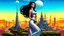 Placeholder: exotic sci-fi pin-up girl, with long dark hair, on an alien planet with cloud trees, tall spires and buildings