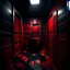 Placeholder: He was locked up in a tiny box inside a wall, this cubic room painted in dark red and midnight blue, neo surrealism, sinister, eerie, anxiety claustrophobia