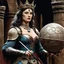 Placeholder: [bloody high res photo by Ray Harryhausen] she is a medieval queen holding her splendid sword and a globe: the sign of her power. High level of detail, he flesh is soft