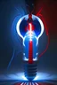 Placeholder: in a long coil droplets are changing colour form blue to red, at the end of the coil red droplets are dropping, rays of light from a white light bulb are shining onto the coil