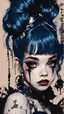 Placeholder: Poster in two gradually, a one side malevolent goth vampire girl face and other side the Singer Melanie Martinez face, full body, painting by Yoji Shinkawa, darkblue and brown tones,