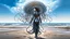 Placeholder: Wide-angle shot of a woman, standing to one side on a beach with huge waves, with dark hair in a silver robotic catsuit, many large jellyfish shaped like mushrooms with tentacles floating in the air, masterpiece, best quality, super detailed