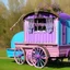 Placeholder: Old fashioned purple, blue and pink gypsy wagon decorated, curtains fluttering in the wind