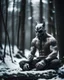 Placeholder: man sitting on a tree branch, middle of a snowy forest, muscular athletic physique, wearing a japanese Hannya demon mask over face, cinematic greyish filter