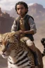 Placeholder: Eleven-year-old mulatto male sorcerer, with wavy black hair tied in a braid, hazel eyes, riding on the back of a giant furry leopard cat