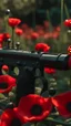 Placeholder: black gun with red kiss on it in a garden full of red poppies. cinematic