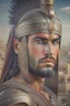 Placeholder: Mesopotamian warrior, expression serious, aura, portrait, background Mesopotamian city