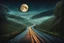 Placeholder: big full moon emerges from the fog over the road, the road twists and turns on the hills , psychedelic, gothic art, very detailed, cinematic, crepy stunning landscape