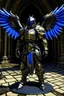 Placeholder: Fallen angel, 3 pairs of black wings, scarred battle plate, paladin armor, scratched paladin helmet, long royal blue cloth waist and hip guards, white and gold armor, sword of light, ruined chapel location, floating above ground, battle damage