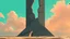 Placeholder: Geometric tower fractured by diagonal cuts, warm‑gray matte surfaces and a vibrating turquoise sky behind it, tiny figures walking at the base to suggest scale, expressive technical illustration style.