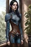 Placeholder: beautiful pale skin female, half elf, black silky straight shoulder length hair, blue intricate leather armor with intricate white frills, shoulder to waist belt, brown intricate travelling boots, standing near window, plant on pot, brown dark eyes, realism, realistic, photorealistic, fullbody shot
