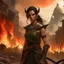 Placeholder: a beautiful dark haired tiefling woman in a sleeveless battle outfit, amidst town ruins with fires burning, photo quality