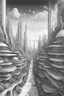 Placeholder: a highly detailed pencil digital drawing of beautiful organic futuristic city in harmony with nature, full screen, fine details and contours, intricate, small minutiae, tiny features, particulars, sharp photo lens, acute outlines, digitally enhanced, least ambient occlusion, sidewalk view from the pedestrian perspective, wide angle camera, volumetric lighting, volumetric clouds, uhd, 8k, vitality colors, for book cover, enscape render, by antoni gaudí