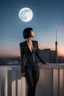 Placeholder: Photo Of A slim Woman With Black Hair, Wearing An android-looking suit, standing sideways On A Ledge of a building, With A waning moon Behind Her Head, sunset