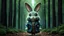 Placeholder: High-end hyperrealism epic cute fluffy rabbit hero placed in the middle length of the forest alley 20 metres away from camera, Steampunk-inspired cinematic photography, symmetry forest alley background, Aesthetic combination of metallic sage green and titanium blue, Vintage style with brown pure leather accents, Art Nouveau visuals with Octane Render 3D tech, Ultra-High-Definition (UHD) cinematic character rendering, Detailed close-ups capturing intricate beauty, Aim for hyper-detailed 8K