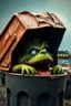 Placeholder: Oscar the Grouch IN LARGE GARBAGE TRASH BIN,GARBAGE TRASH BINside profile, "GARBAGE TRASH BIN IN FRONT" man in super blackscary (autofarm) in movie poster moviestyle horror look. as five headed mouth open, rough teeth, turn head around, landrover crash in background(&*&*^%$^#%$#%$^%$#^#$#^%#$^$#