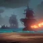 Placeholder: two pirate ships fighting each other at sea. They fire cannons at each other and one ship is hit and burns.