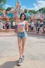Placeholder: a hot, extremely well-endowed female with short, crew-cut, Black Hair, extremely pale white skin, wearing a tight, ill-fitting, colorful, multicolored tie-dye swim suit top, and extremely short jean shorts, and converse sneakers, posing at Disneyland