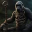 Placeholder: 8k dynamic photorealistic A.K.A hyper detailed photograph of a gorilla skeleton holding a scythe in his hand, the skeleton is standing in a swamp , the photo has a filmic look, beautiful and colorful composition with sharp focus